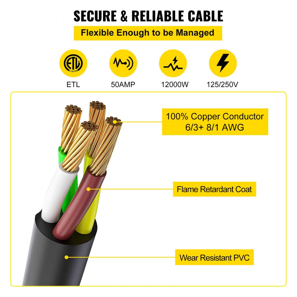 VEVOR Generator Cord, 20FT Generator Power Cord, 125/250V 50AMP Generator Cord, 12000W 50AMP Cord, NEMA 14-50P Generator Plug, SS2-50R Extension Cord, 50Amp Generator Power Cord with Portable Strap
