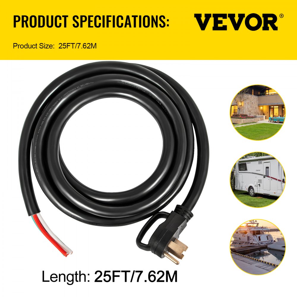 VEVOR 25' 50A RV Camp Power Cord Generator Cord 6/3 + 8/1 AWG NEMA 14-50P to Bare Wire