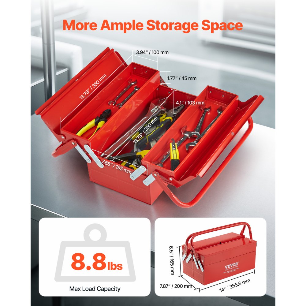VEVOR Metal Tool Box, 14-inch, 2-Tier 3-Tray Portable Folding Tool Chest Organizer with Handle & Lock Hole, Powder Coated Steel, Cantilever Toolbox for Household Factory Warehouse Repair Shop, Red