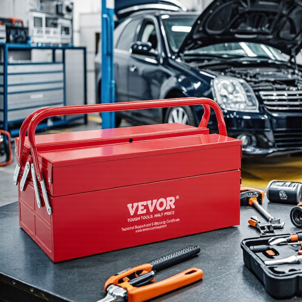 VEVOR Metal Tool Box, 14-inch, 2-Tier 3-Tray Portable Folding Tool Chest Organizer with Handle & Lock Hole, Powder Coated Steel, Cantilever Toolbox for Household Factory Warehouse Repair Shop, Red