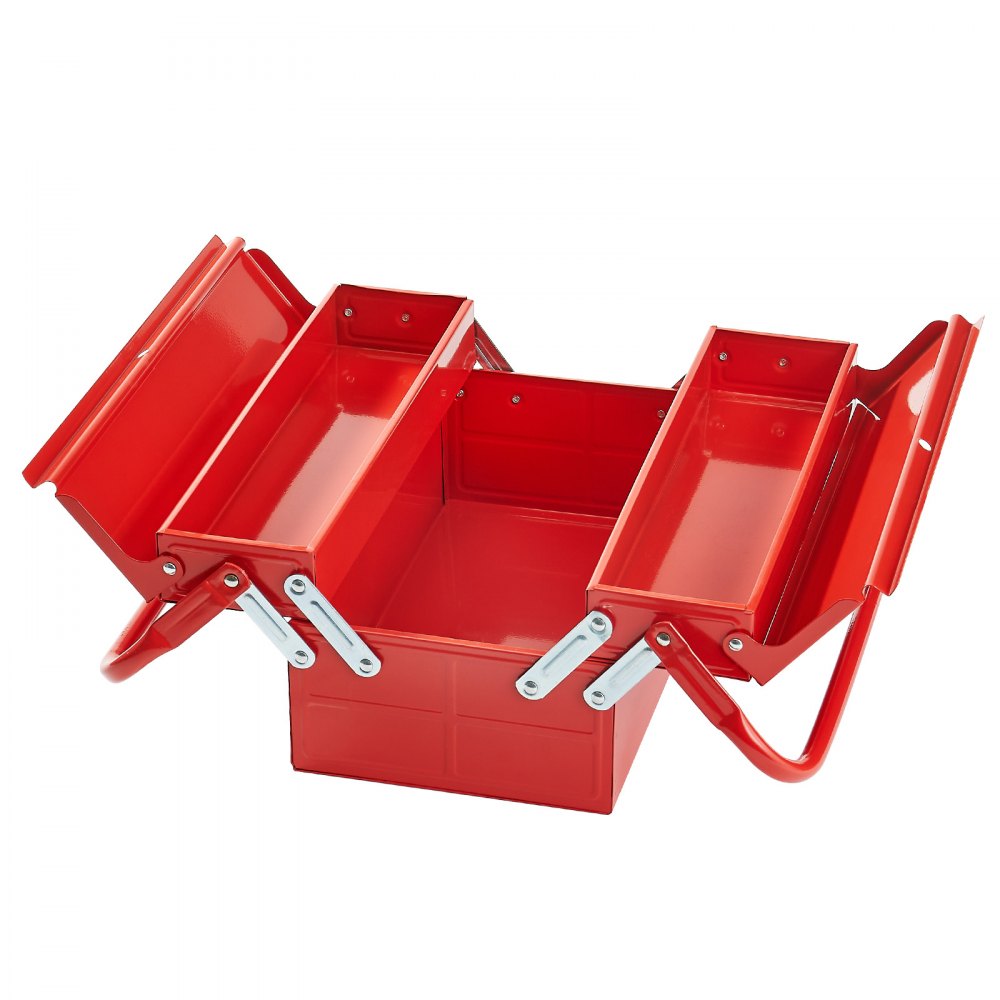 VEVOR Metal Tool Box, 14-inch, 2-Tier 3-Tray Portable Folding Tool Chest Organizer with Handle & Lock Hole, Powder Coated Steel, Cantilever Toolbox for Household Factory Warehouse Repair Shop, Red