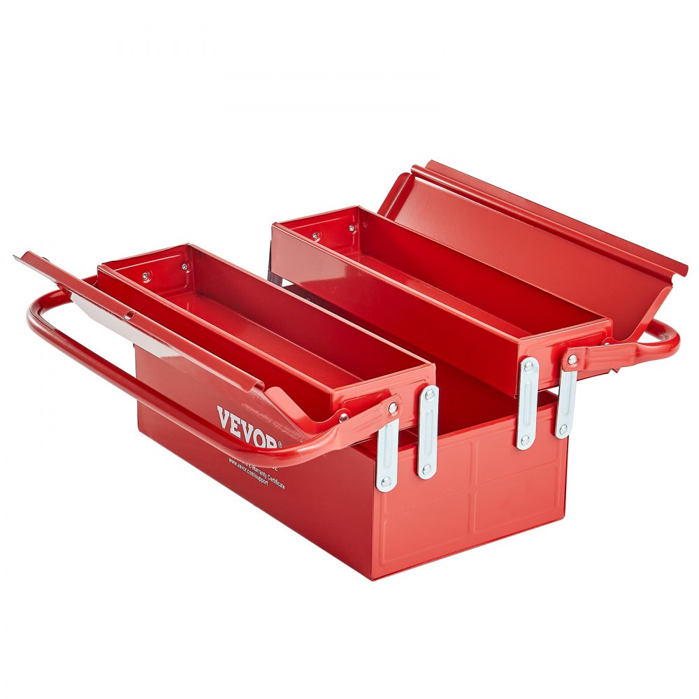 VEVOR Metal Tool Box, 14-inch, 2-Tier 3-Tray Portable Folding Tool Chest Organizer with Handle & Lock Hole, Powder Coated Steel, Cantilever Toolbox for Household Factory Warehouse Repair Shop, Red