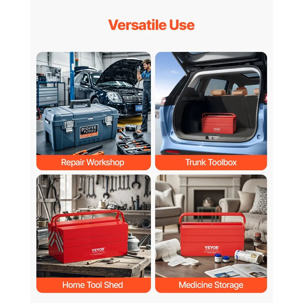 VEVOR Metal Tool Box, 18-inch, 3-Tier 5-Tray Portable Folding Tool Chest Organizer with Handle & Lock Hole, Powder Coated Steel, Cantilever Toolbox for Household Factory Warehouse Repair Shop, Red