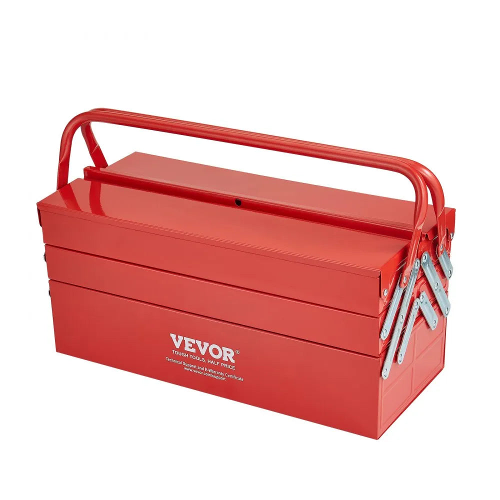 VEVOR Metal Tool Box, 18-inch, 3-Tier 5-Tray Portable Folding Tool Chest Organizer with Handle & Lock Hole, Powder Coated Steel, Cantilever Toolbox for Household Factory Warehouse Repair Shop, Red