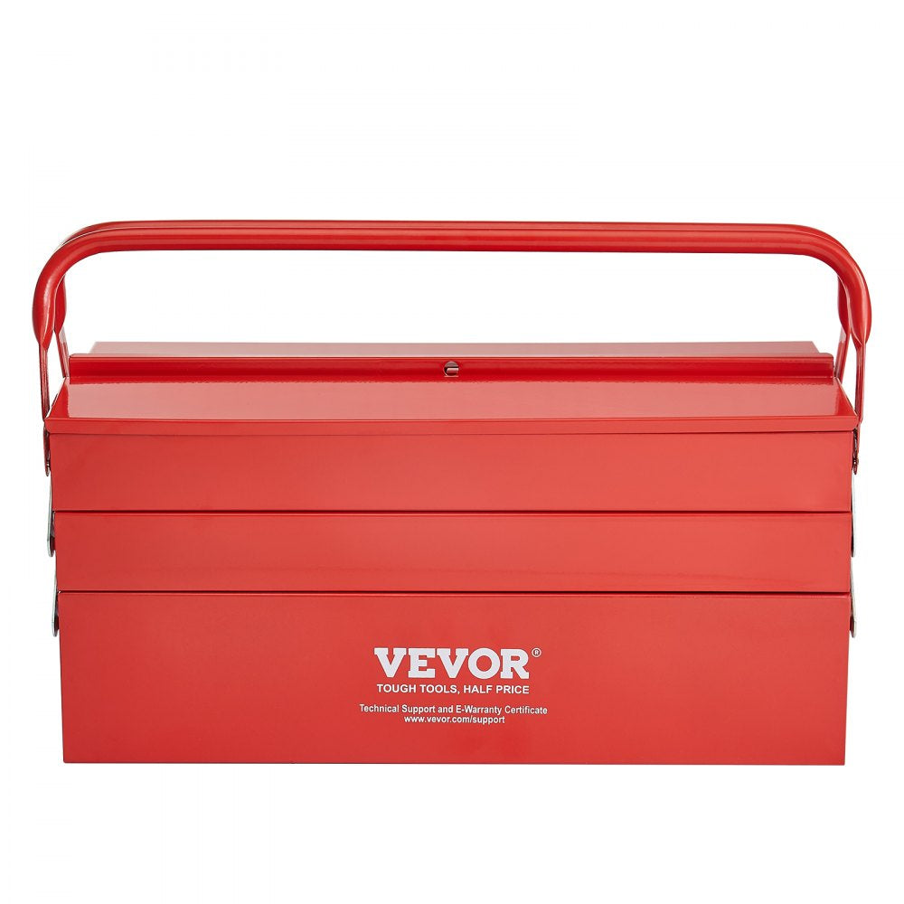 VEVOR Metal Tool Box, 18-inch, 3-Tier 5-Tray Portable Folding Tool Chest Organizer with Handle & Lock Hole, Powder Coated Steel, Cantilever Toolbox for Household Factory Warehouse Repair Shop, Red