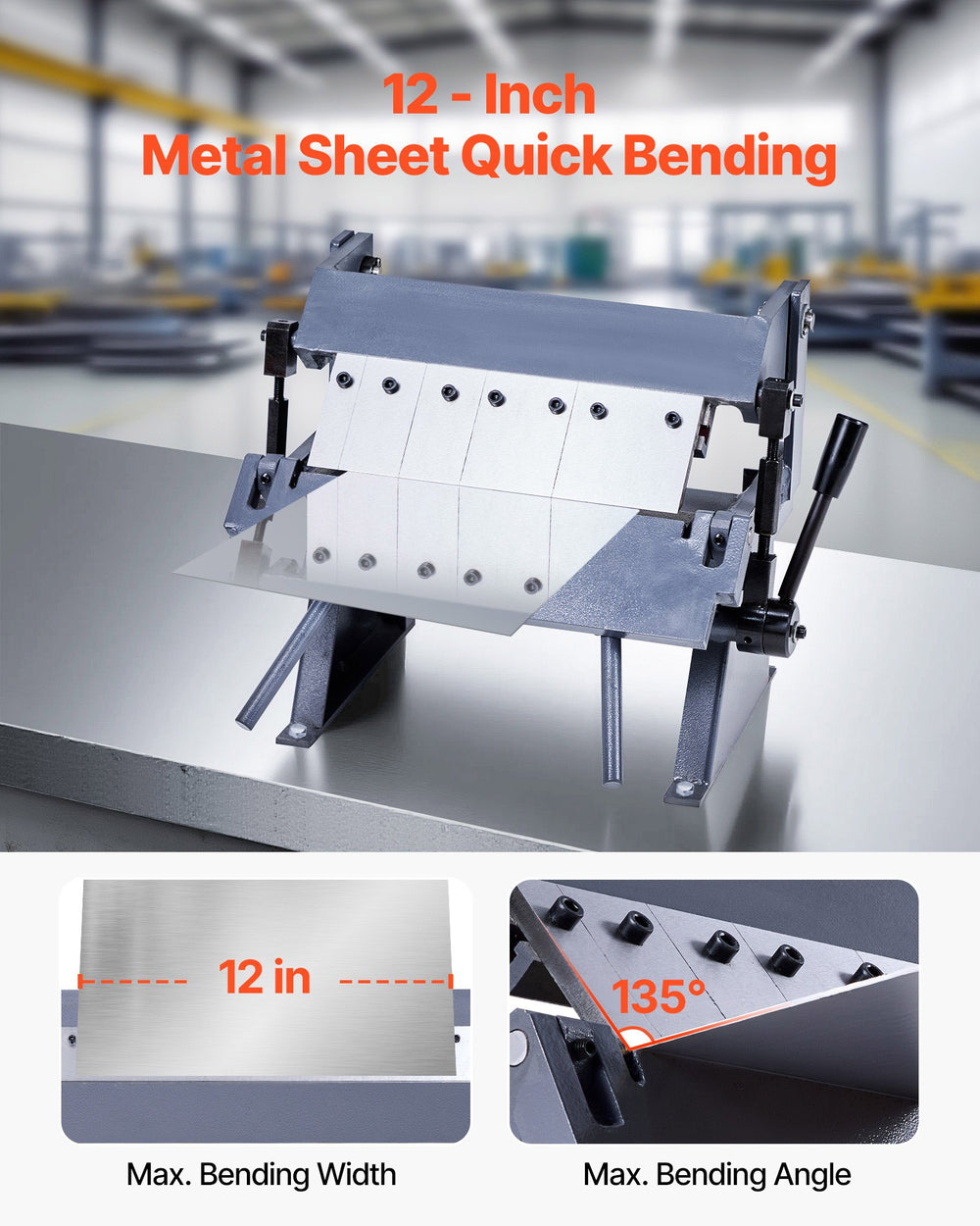 VEVOR Box and Pan Brake, 12 in Sheet Metal Bending Brake, 20-Gauge Mild Steel Capacity, 0-135 Degree Adjustable, Metal Bender Machine with 5 Fingers, Heavy-Duty Aluminum Folder for Precise Bending