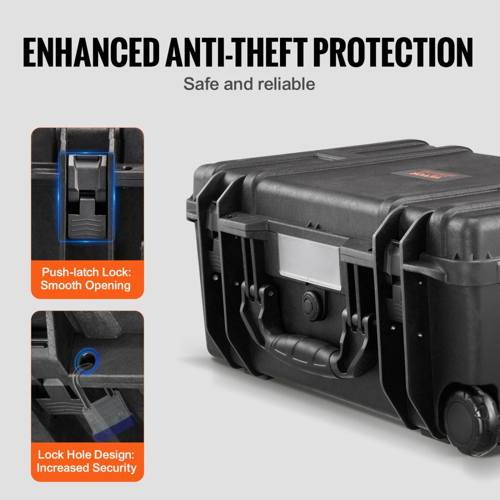 VEVOR Weatherproof Hard Case, Heavy Duty Protective Dry Box Case with Pre-cut Foam, Wheels & Retractable Pull Handles for Travel, Hunt, Military, Tactical, IP67 Waterproof Case for Cameras (64x51x25)