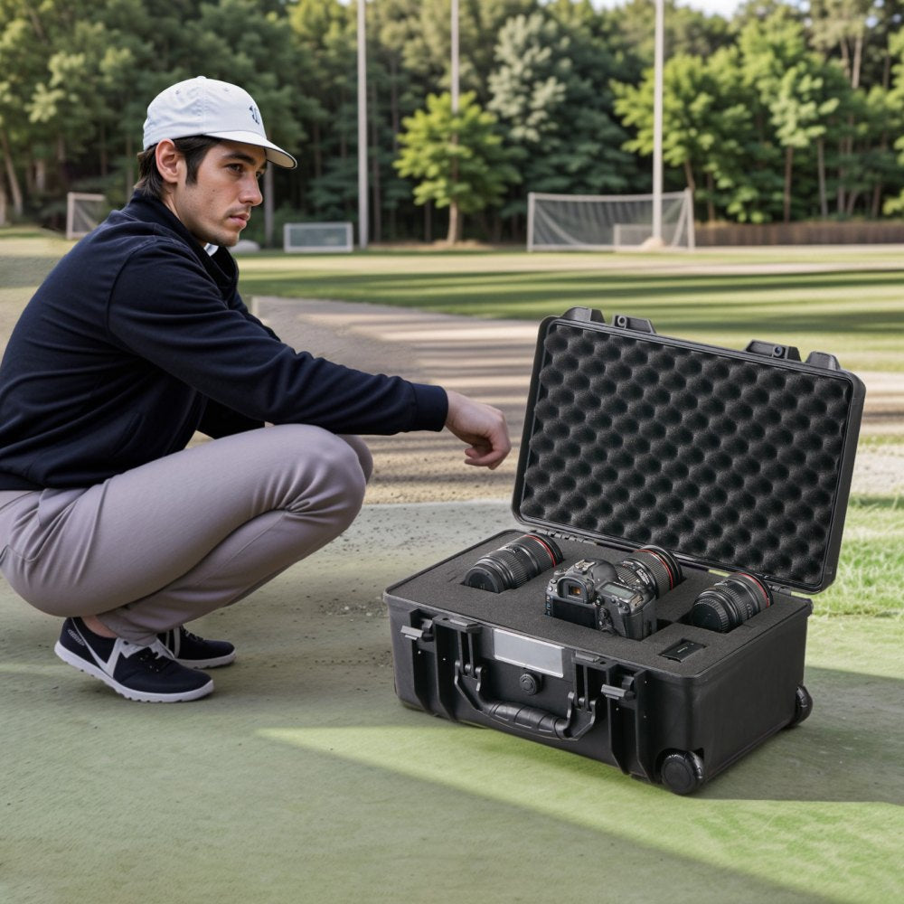 VEVOR Weatherproof Hard Case, Heavy Duty Protective Dry Box Case with Pre-cut Foam, Wheels & Retractable Pull Handles for Travel, Hunt, Military, Tactical, IP67 Waterproof Case for Cameras (64x51x25)