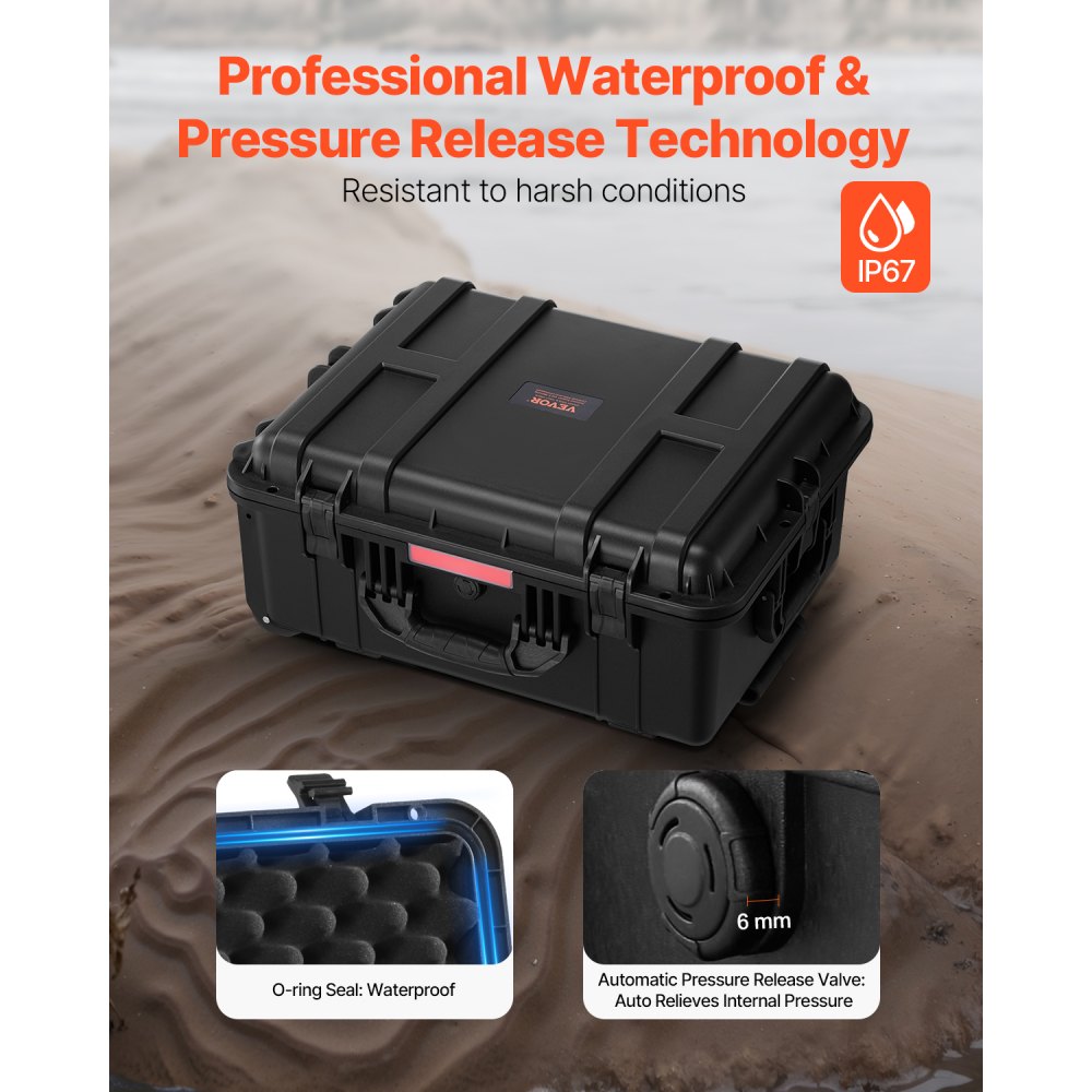 VEVOR Weatherproof Hard Case, Heavy Duty Protective Dry Box Case with Pre-Cut Foam, Wheels & Retractable Pull Handles for Travel, Hunt, Military, Tactical, IP67 Waterproof Case for Cameras(57x45x28)