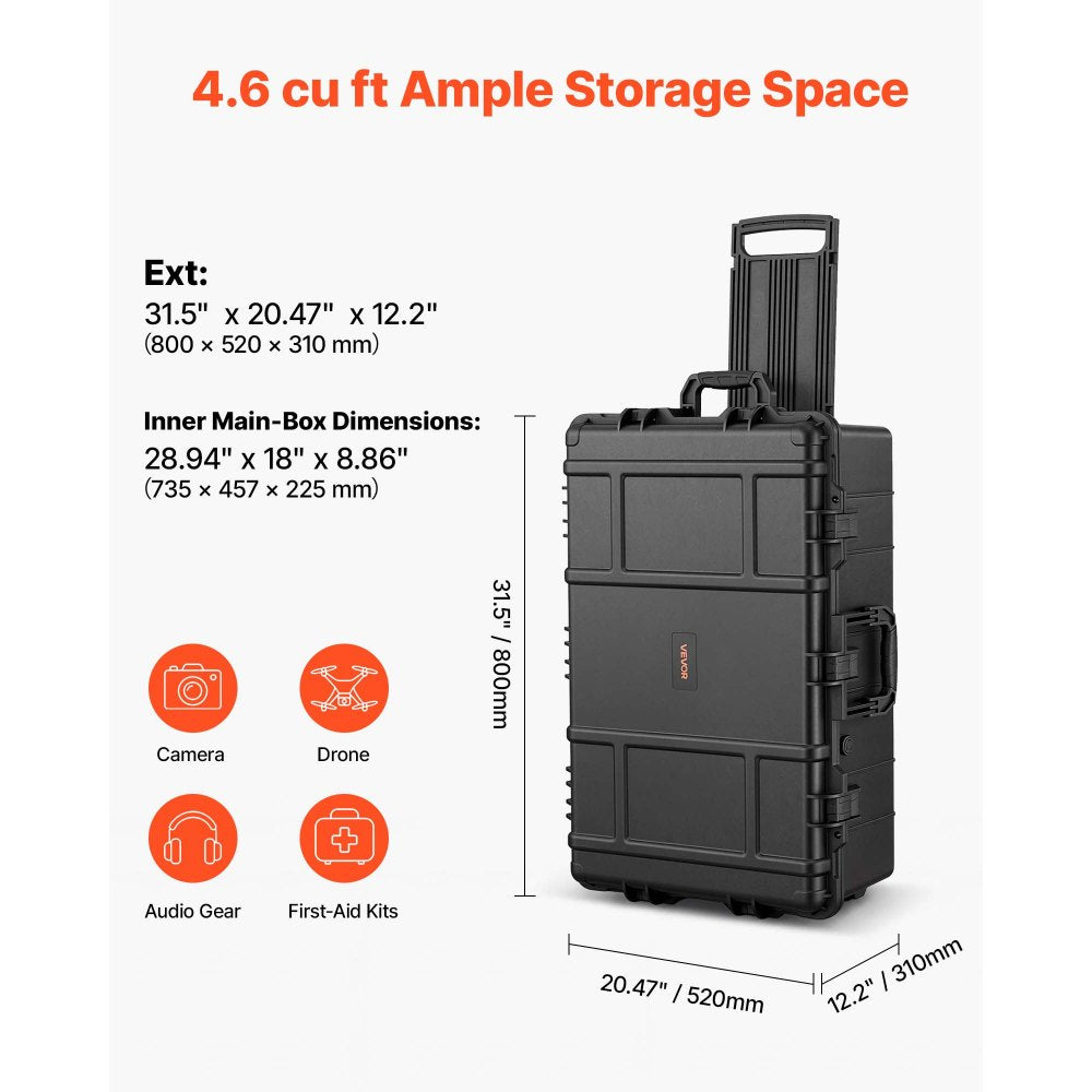 VEVOR Weatherproof Hard Case 31.5 x 20.47 x 12.2 inch with Pre-cut Foam, for Drones, Camera and Equipment, All Weather Waterproof, Heavy Duty Protective Dry Box with Retractable Handle, IP67, Black