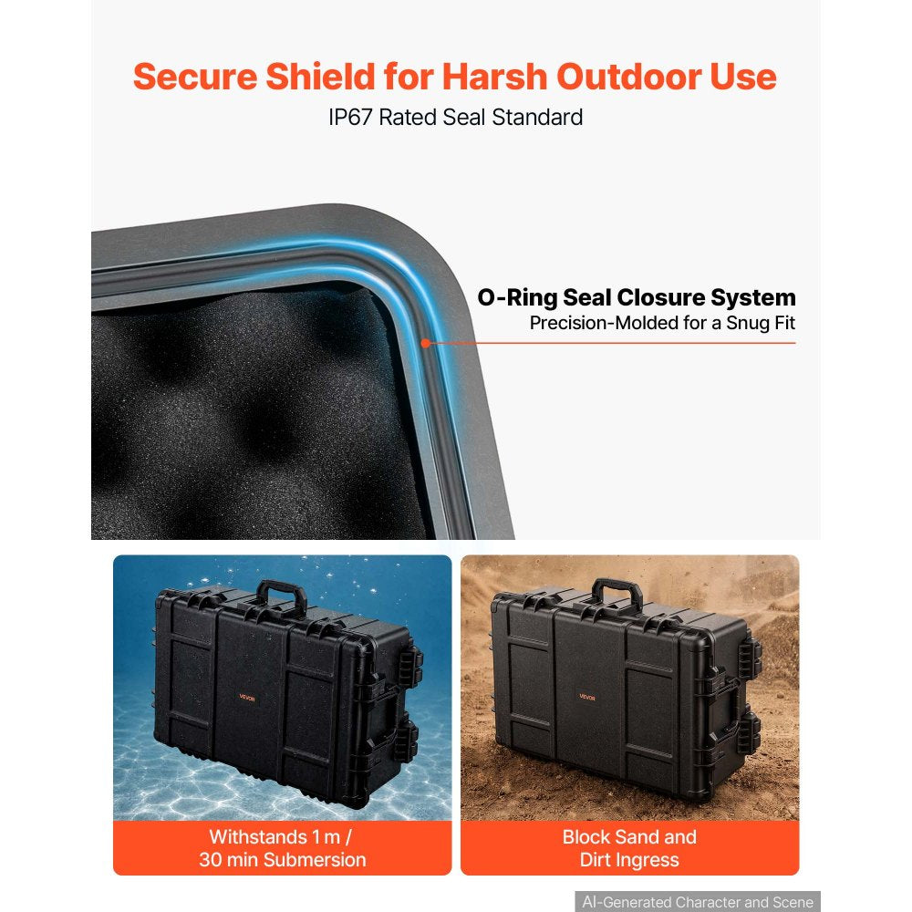 VEVOR Weatherproof Hard Case 31.5 x 20.47 x 12.2 inch with Pre-cut Foam, for Drones, Camera and Equipment, All Weather Waterproof, Heavy Duty Protective Dry Box with Retractable Handle, IP67, Black