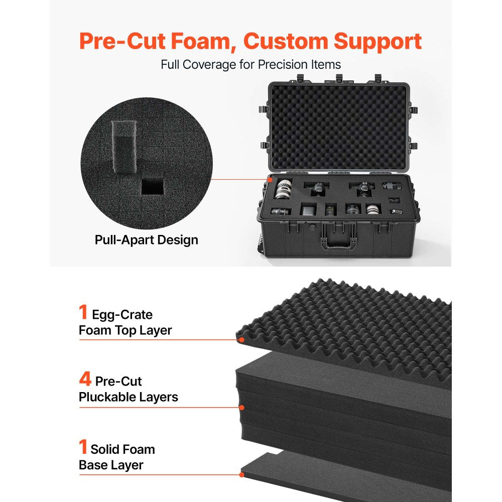 VEVOR Weatherproof Hard Case 31.5 x 20.47 x 12.2 inch with Pre-cut Foam, for Drones, Camera and Equipment, All Weather Waterproof, Heavy Duty Protective Dry Box with Retractable Handle, IP67, Black