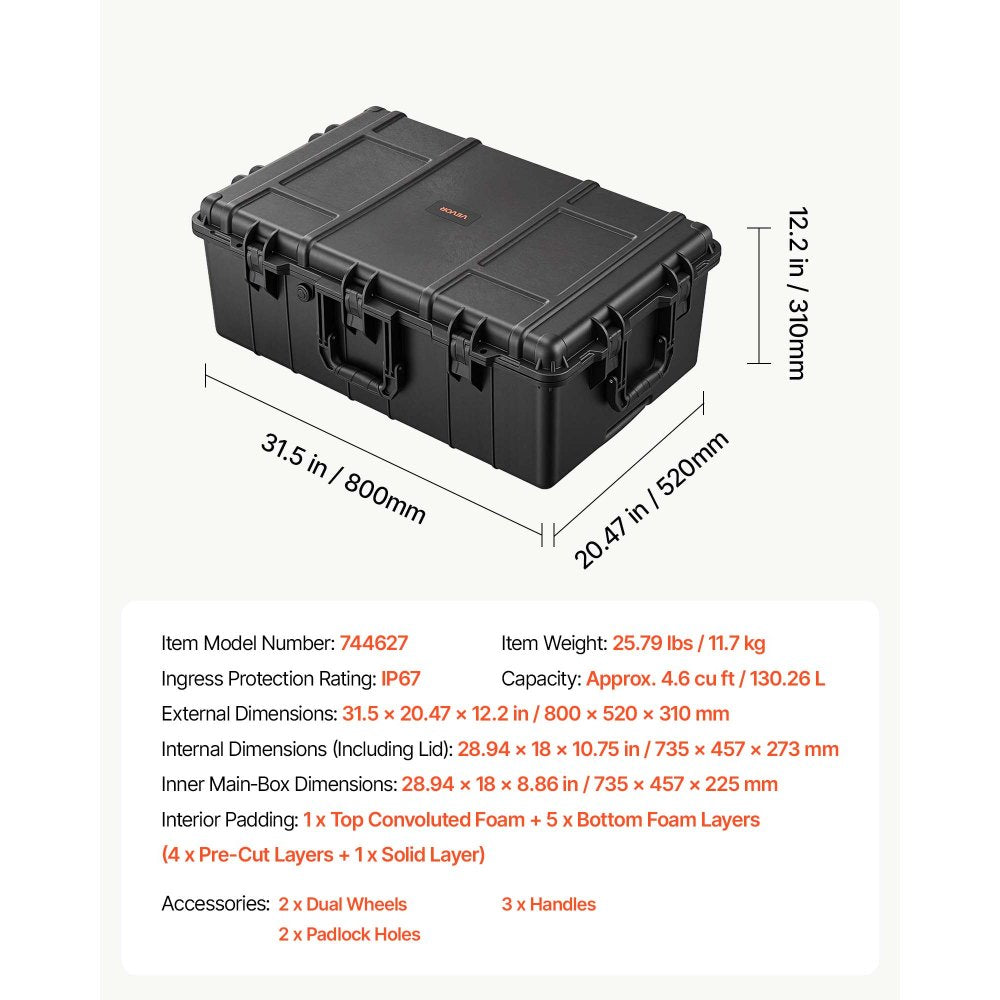 VEVOR Weatherproof Hard Case 31.5 x 20.47 x 12.2 inch with Pre-cut Foam, for Drones, Camera and Equipment, All Weather Waterproof, Heavy Duty Protective Dry Box with Retractable Handle, IP67, Black