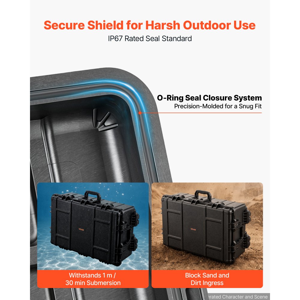 VEVOR Weatherproof Hard Case 31.5 x 20.47 x 12.2 in All Weather Waterproof, For Audio Gear and Outdoor Tools, Heavy Duty Protective Dry Box with Reinforced Latches, Retractable Handle, IP67, Black