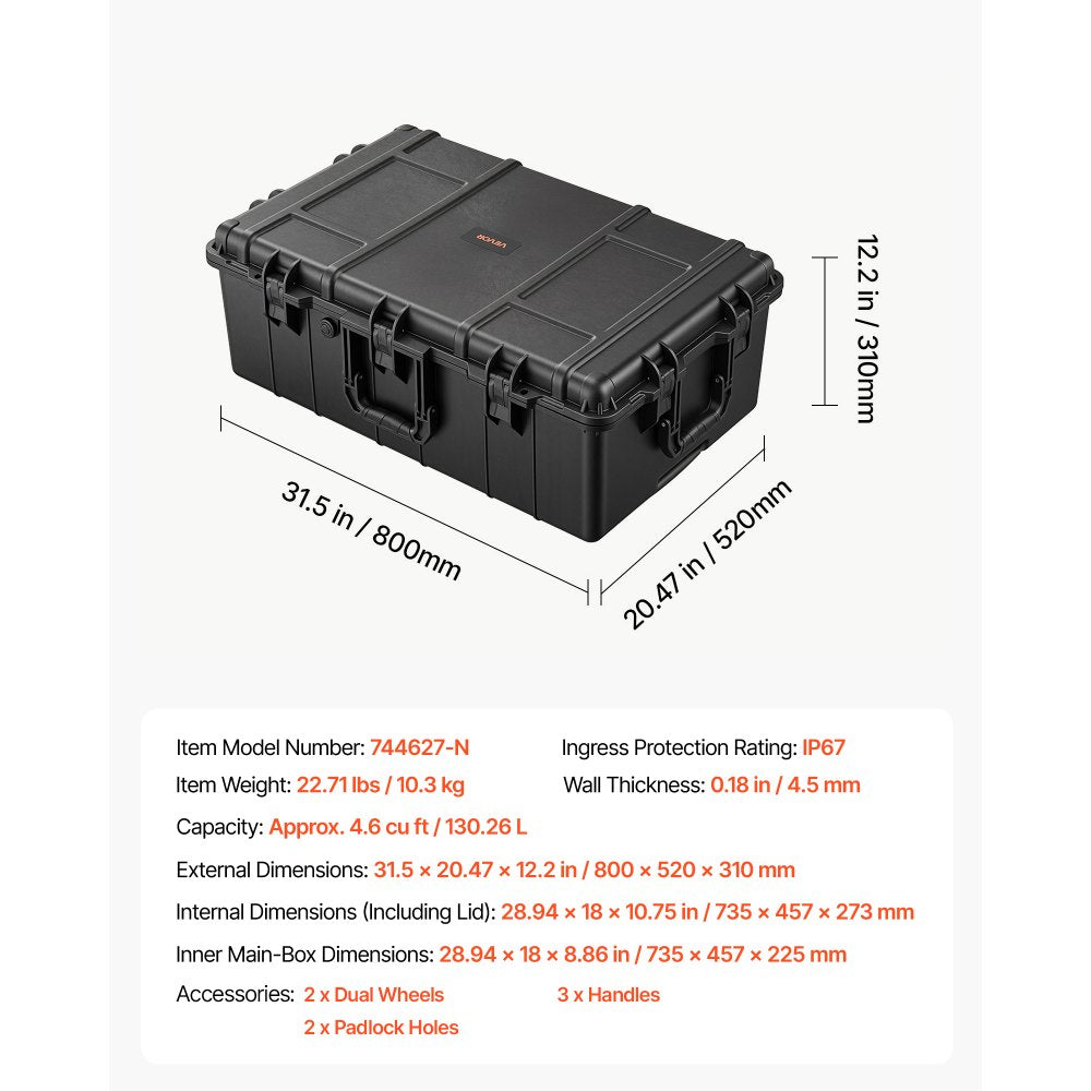 VEVOR Weatherproof Hard Case 31.5 x 20.47 x 12.2 in All Weather Waterproof, For Audio Gear and Outdoor Tools, Heavy Duty Protective Dry Box with Reinforced Latches, Retractable Handle, IP67, Black