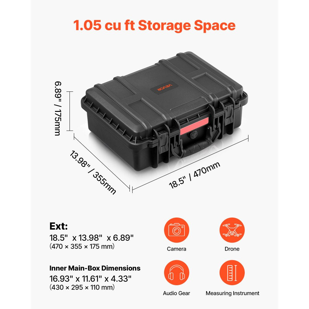 VEVOR Weatherproof Hard Case 18.5 x 13.98 x 6.89 in All Weather Waterproof, for Drones, Camera and Equipment, Heavy Duty Protective Dry Box with Pre-cut Foam, Soft Rubber Grip, IP67, PP Shell, Black