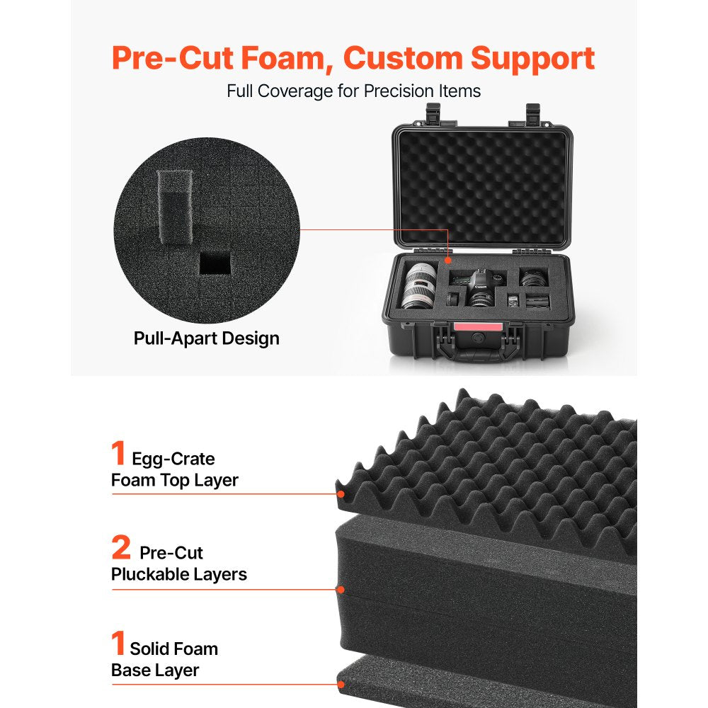 VEVOR Weatherproof Hard Case 18.5 x 13.98 x 6.89 in All Weather Waterproof, for Drones, Camera and Equipment, Heavy Duty Protective Dry Box with Pre-cut Foam, Soft Rubber Grip, IP67, PP Shell, Black