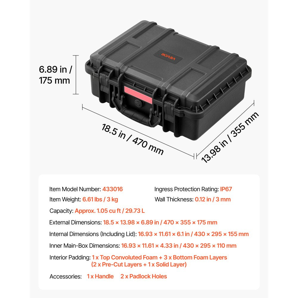VEVOR Weatherproof Hard Case 18.5 x 13.98 x 6.89 in All Weather Waterproof, for Drones, Camera and Equipment, Heavy Duty Protective Dry Box with Pre-cut Foam, Soft Rubber Grip, IP67, PP Shell, Black