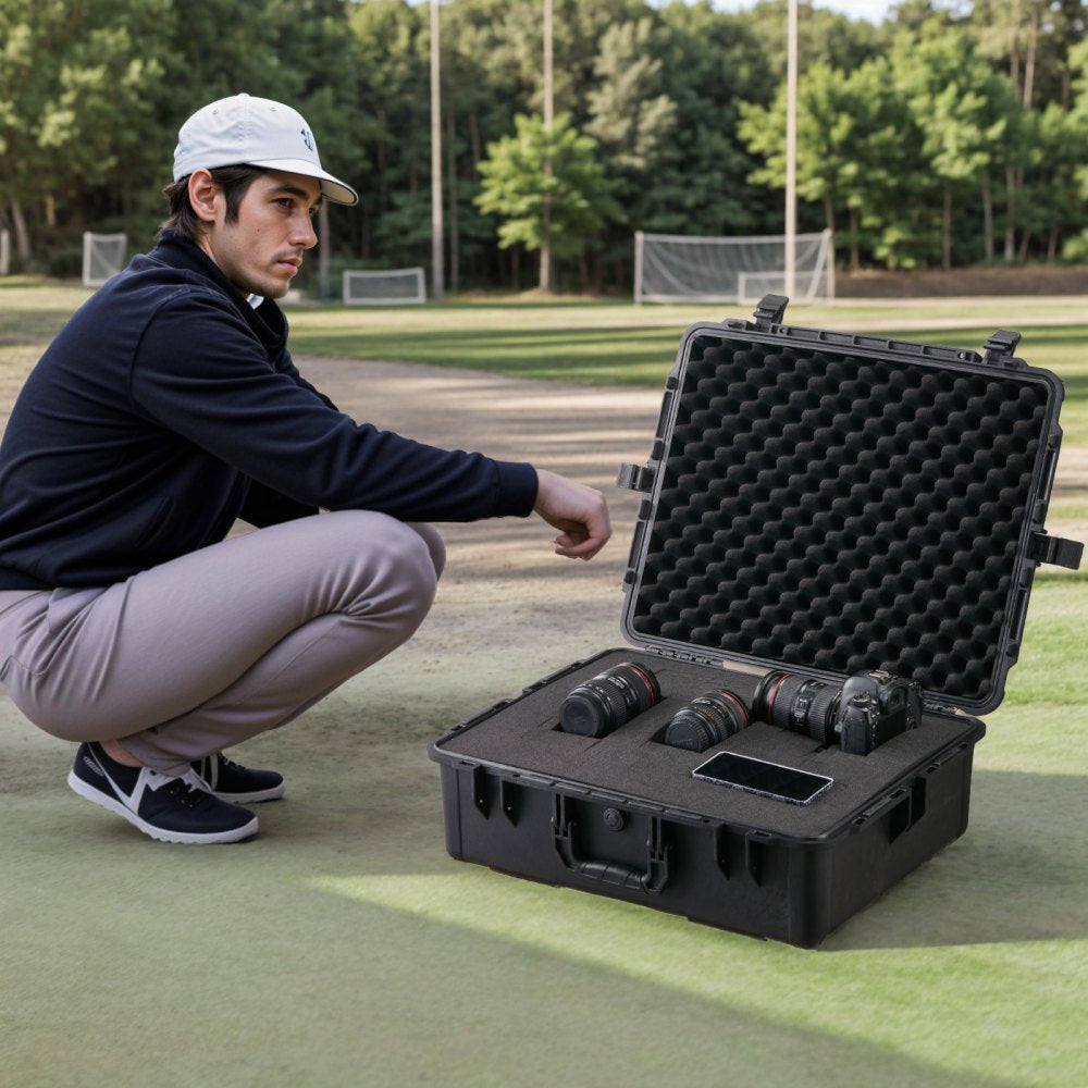 VEVOR Weatherproof Hard Case, Heavy Duty Protective Dry Box Case with Pre-cut Foam, and Retractable Pull Handles for Travel, Hunting, Military, Tactical, IP67 Waterproof Case for Cameras (56.1x37x26)