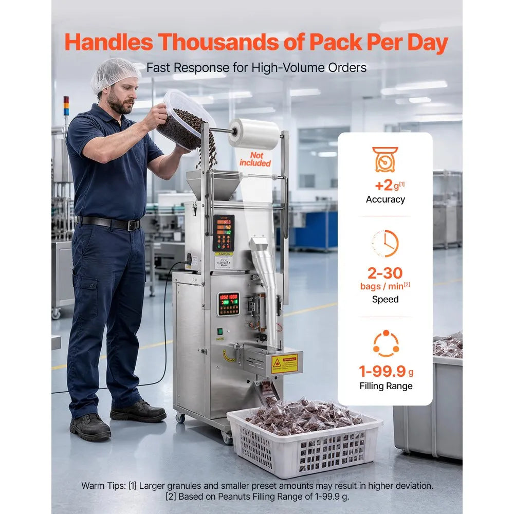 VEVOR Powder Filling and Sealing Machine, 1-99.9g(0.002-0.22lbs) Automatic Particle Granule Packaging Machine, Stainless Steel, Weighing Filling Sealing, for Coffee Beans, Grains, Tea, Spices, Silver