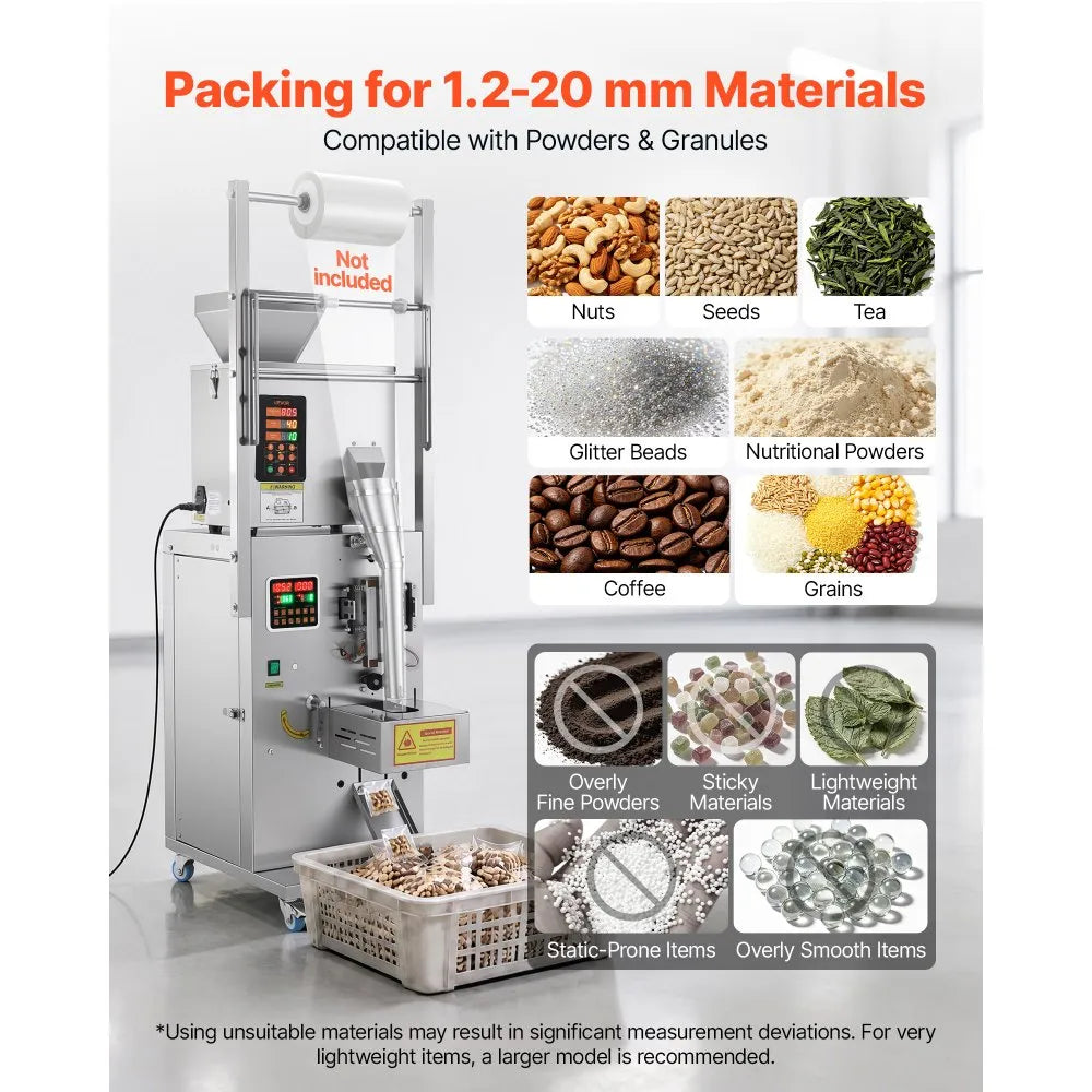 VEVOR Powder Filling and Sealing Machine, 1-99.9g(0.002-0.22lbs) Automatic Particle Granule Packaging Machine, Stainless Steel, Weighing Filling Sealing, for Coffee Beans, Grains, Tea, Spices, Silver