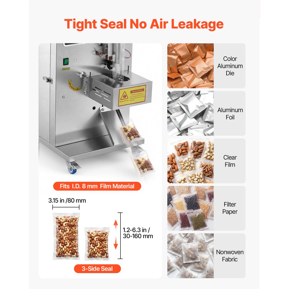 VEVOR Powder Filling and Sealing Machine, 1-99.9g(0.002-0.22lbs) Automatic Particle Granule Packaging Machine, Stainless Steel, Weighing Filling Sealing, for Coffee Beans, Grains, Tea, Spices, Silver
