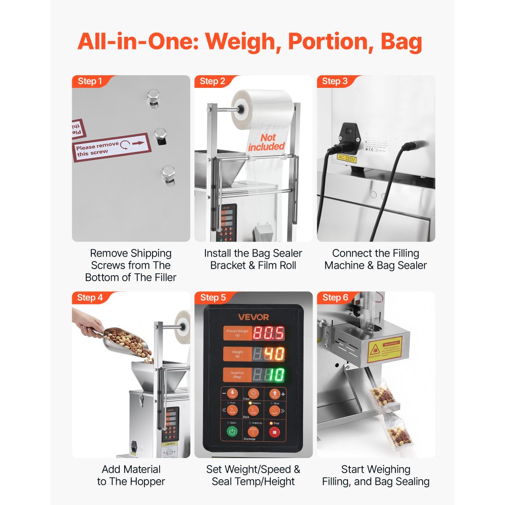 VEVOR Powder Filling and Sealing Machine, 1-99.9g(0.002-0.22lbs) Automatic Particle Granule Packaging Machine, Stainless Steel, Weighing Filling Sealing, for Coffee Beans, Grains, Tea, Spices, Silver