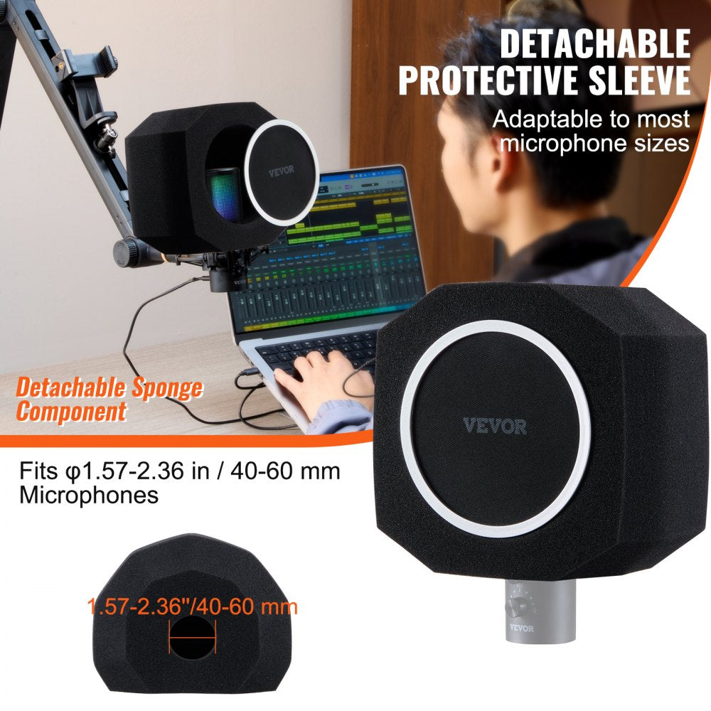 VEVOR Microphone Isolation Sphere, Dense Acoustic Foam, Wind Noise Shield featuring a Two-Layer Pop Filter, Fits Microphones 1.57 to 2.36 inches, Vocal Booth for Echo Minimization