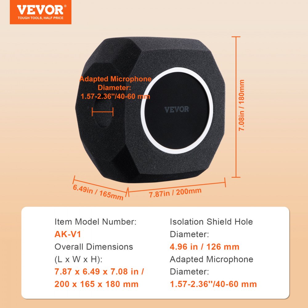 VEVOR Microphone Isolation Sphere, Dense Acoustic Foam, Wind Noise Shield featuring a Two-Layer Pop Filter, Fits Microphones 1.57 to 2.36 inches, Vocal Booth for Echo Minimization
