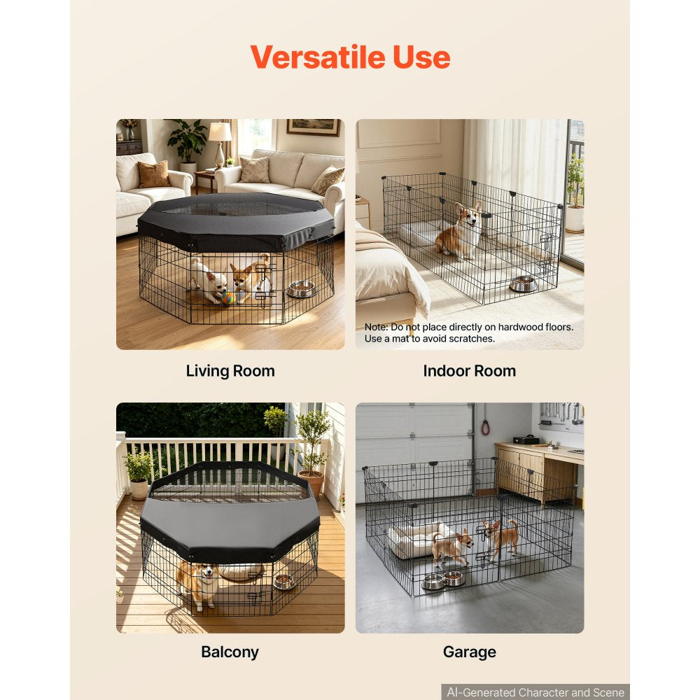 VEVOR Dog Playpen 24 Inch 8 Panels Foldable Exercise Pen with Top Cover, Indoor Metal Pet Fence with Door, Heavy Duty Puppy Crate Kennel, Pet Playpen for Dogs, Cats, and Other Small Animals, Black