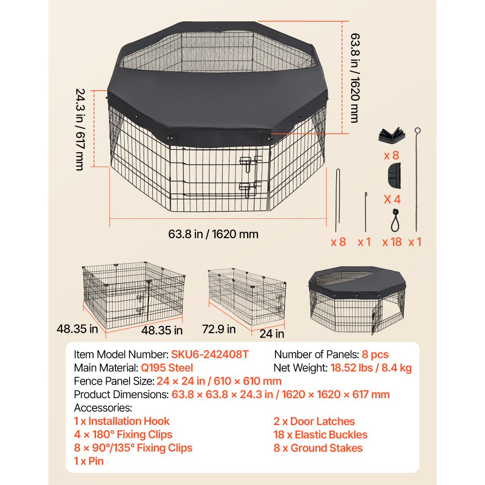 VEVOR Dog Playpen 24 Inch 8 Panels Foldable Exercise Pen with Top Cover, Indoor Metal Pet Fence with Door, Heavy Duty Puppy Crate Kennel, Pet Playpen for Dogs, Cats, and Other Small Animals, Black