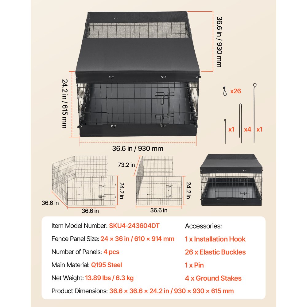 VEVOR Dog Playpen 24 Inch 4 Panels Exercise Pen with Top Cover & Bottom Pad, Indoor Foldable Metal Pet Fence with Door, Heavy Duty Puppy Crate Kennel Pen for Dogs, Cats, and Other Small Animals, Black