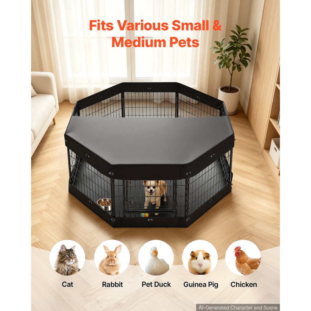 VEVOR Dog Playpen 24 Inch 8 Panels Heavy Duty with Top Cover & Bottom Pad, Indoor Foldable Metal Exercise Pen Pet Fence with Door, Puppy Crate Kennel Pen for Dogs, Cats, and Other Small Animals, Black