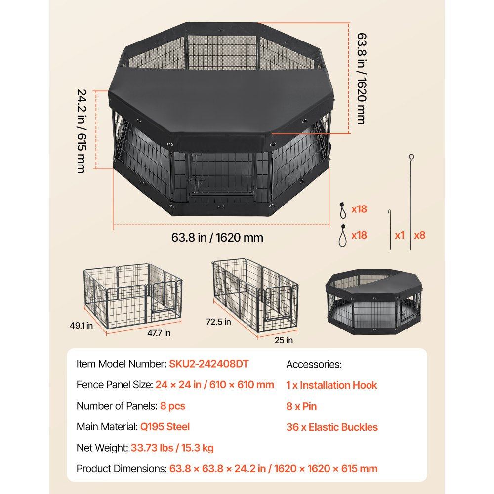 VEVOR Dog Playpen 24 Inch 8 Panels Heavy Duty with Top Cover & Bottom Pad, Indoor Foldable Metal Exercise Pen Pet Fence with Door, Puppy Crate Kennel Pen for Dogs, Cats, and Other Small Animals, Black
