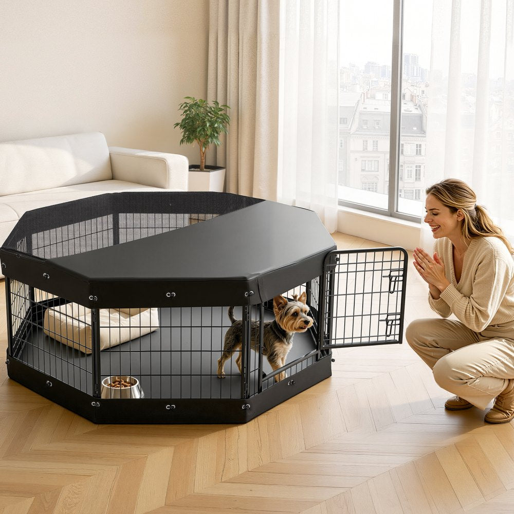 VEVOR Dog Playpen 24 Inch 8 Panels Heavy Duty with Top Cover & Bottom Pad, Indoor Foldable Metal Exercise Pen Pet Fence with Door, Puppy Crate Kennel Pen for Dogs, Cats, and Other Small Animals, Black
