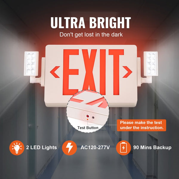 Vevor Exit Sign LED Emergency Light Combo Red Letter Battery Backup 6 ...
