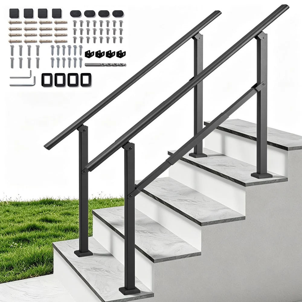 Vevor Handrail Outdoor Steps 3-5 Step 2-Pack Stair Rail Kit Black Square Tube Steel Railings New
