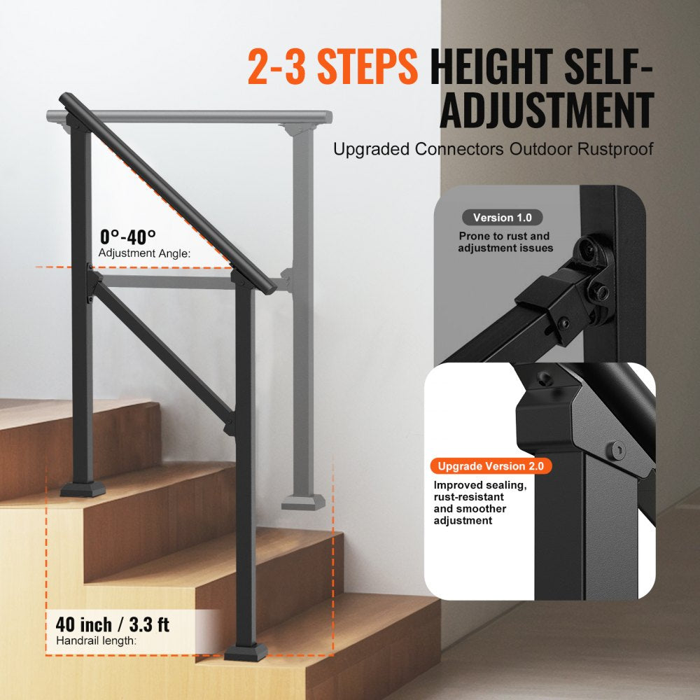 VEVOR Handrails for Outdoor Steps, 2-3 Step Stair Hand Rail Kit, Transitional Carbon Steel Railings with Installation Kit, Stair Rails for Seniors, Concrete Steps & Porch & Deck, Black Square Tube