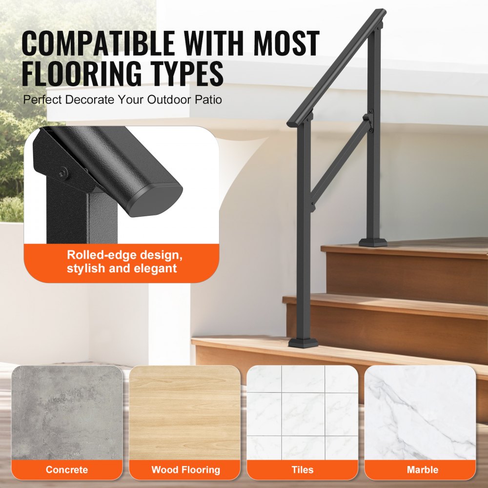 VEVOR Handrails for Outdoor Steps, 2-3 Step Stair Hand Rail Kit, Transitional Carbon Steel Railings with Installation Kit, Stair Rails for Seniors, Concrete Steps & Porch & Deck, Black Square Tube