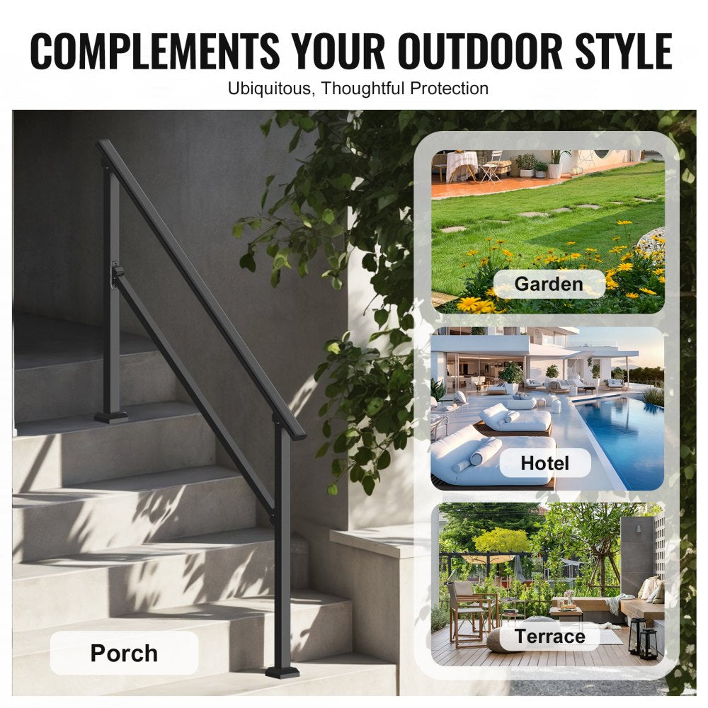 VEVOR Handrails for Outdoor Steps, 4-5 Step Stair Hand Rail Kit, Transitional Carbon Steel Railings with Installation Kit, Stair Rails for Seniors, Concrete Steps & Porch & Deck, Black Square Tube
