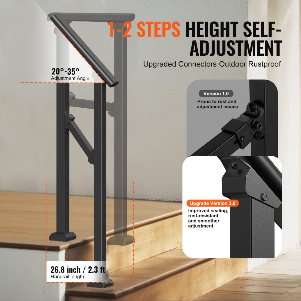 VEVOR Handrails for Outdoor Steps, 1-2 Step Stair Hand Rail Kit, Transitional Carbon Steel Railings with Installation Kit, Stair Rails for Seniors, Concrete Steps & Porch & Deck, Black Square Tube