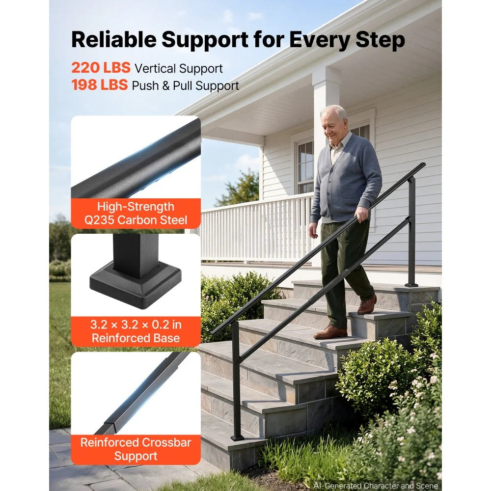 VEVOR Handrails for Outdoor Steps, 5-7 Step Stair Hand Rail Kit, Black, Square Tube Stair Rails for Seniors, Concrete Steps & Porch & Deck, Heavy-Duty Galvanized Steel Railings w/ Installation Kit