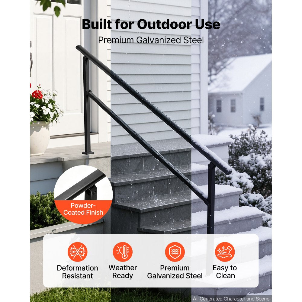 VEVOR Handrails for Outdoor Steps, 5-7 Step Stair Hand Rail Kit, Black, Square Tube Stair Rails for Seniors, Concrete Steps & Porch & Deck, Heavy-Duty Galvanized Steel Railings w/ Installation Kit