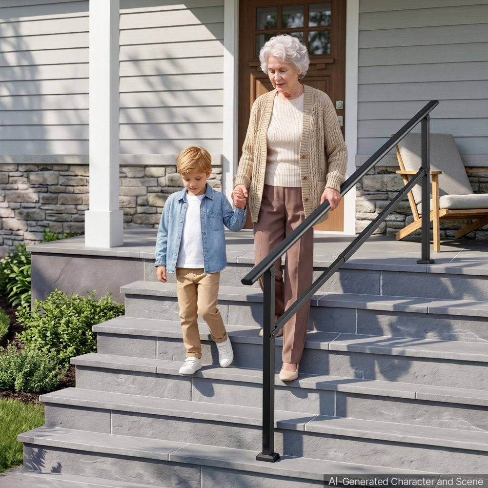 VEVOR Handrails for Outdoor Steps, 5-7 Step Stair Hand Rail Kit, Black, Square Tube Stair Rails for Seniors, Concrete Steps & Porch & Deck, Heavy-Duty Galvanized Steel Railings w/ Installation Kit