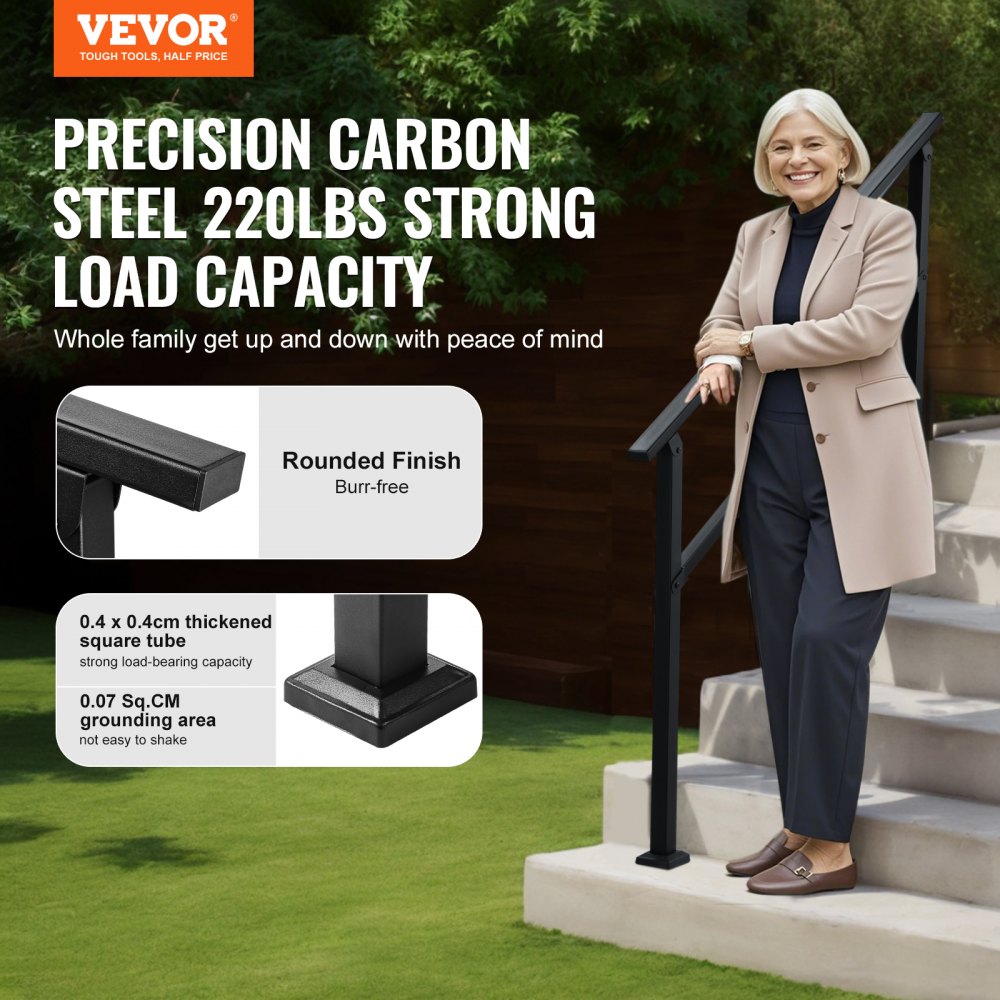 VEVOR Outdoor Handrails for Steps, 4-5 Step Stair Rail Kit, Black Square Tube with Horizontal Bar, Carbon Steel Support Rails for Seniors, Concrete & Deck Stairs, Easy Installation