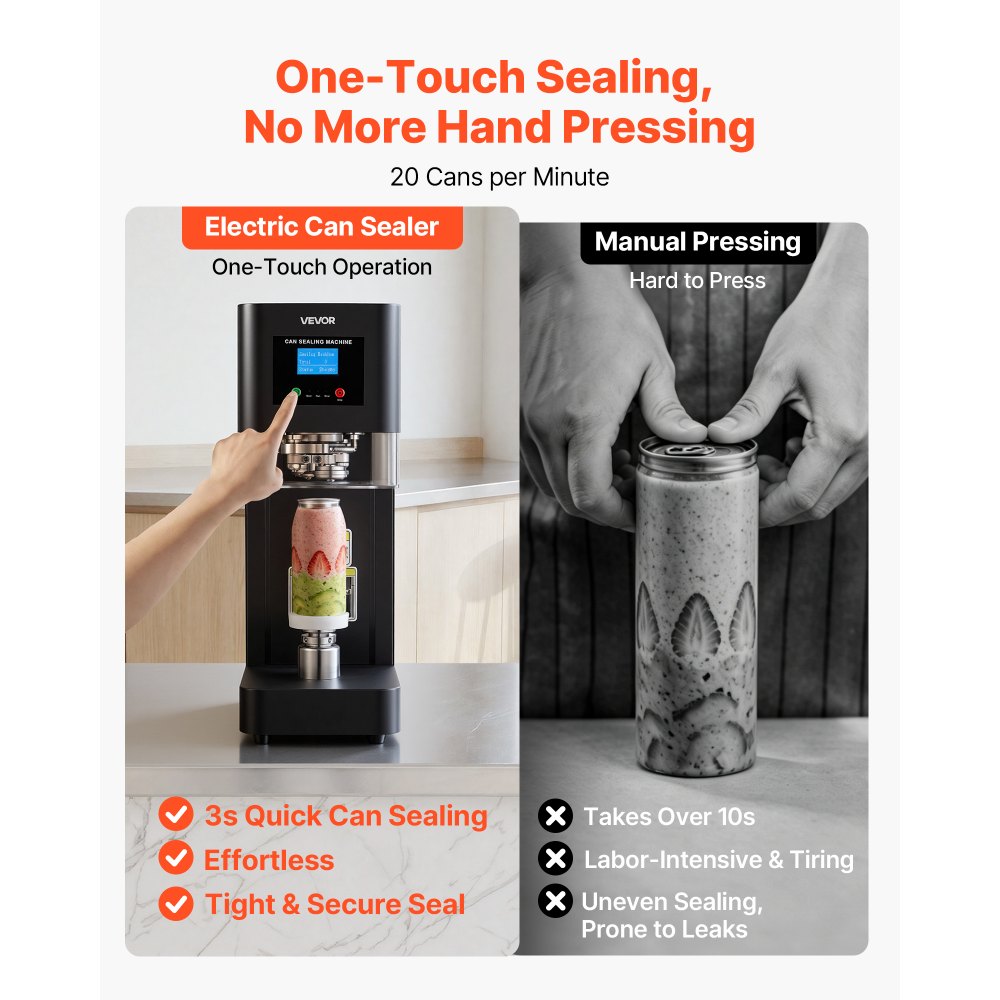 VEVOR Can Sealer Machine, Automatic Commercial Soda Can Sealing Machine for 2.17 in (55 mm) Aluminum and Plastic Cans, Height Adjustable, Steel Housing Beverage Drink Seamer, for Coffee Shop, Black