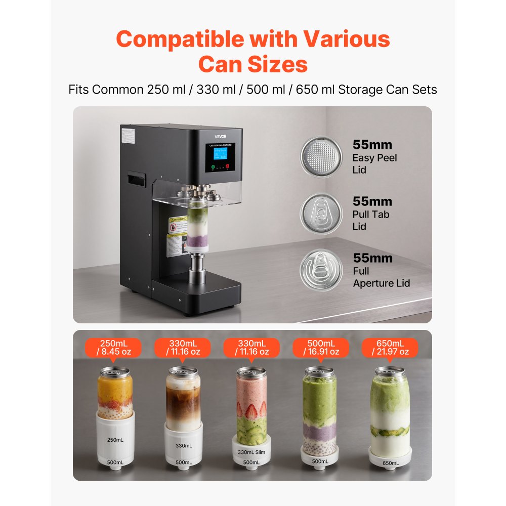 VEVOR Can Sealer Machine, Automatic Commercial Soda Can Sealing Machine for 2.17 in (55 mm) Aluminum and Plastic Cans, Height Adjustable, Steel Housing Beverage Drink Seamer, for Coffee Shop, Black
