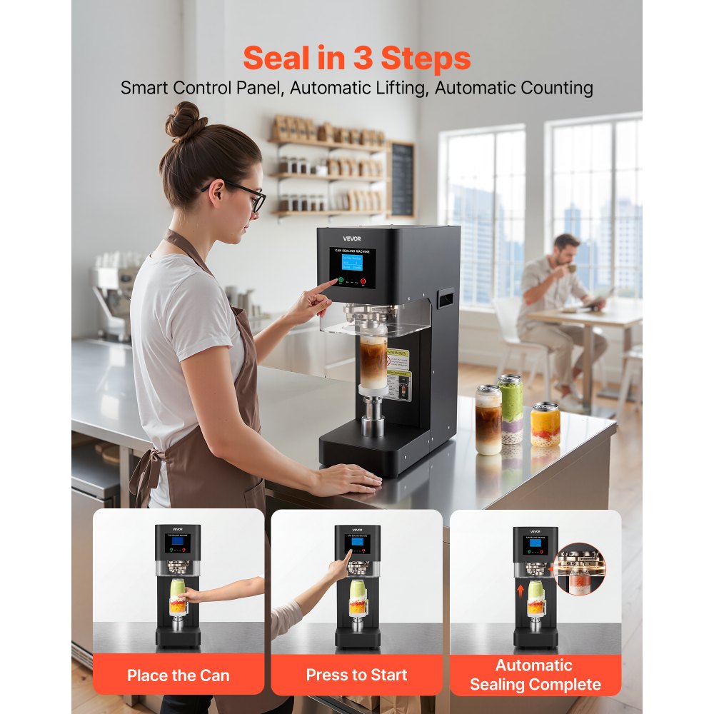 VEVOR Can Sealer Machine, Automatic Commercial Soda Can Sealing Machine for 2.17 in (55 mm) Aluminum and Plastic Cans, Height Adjustable, Steel Housing Beverage Drink Seamer, for Coffee Shop, Black