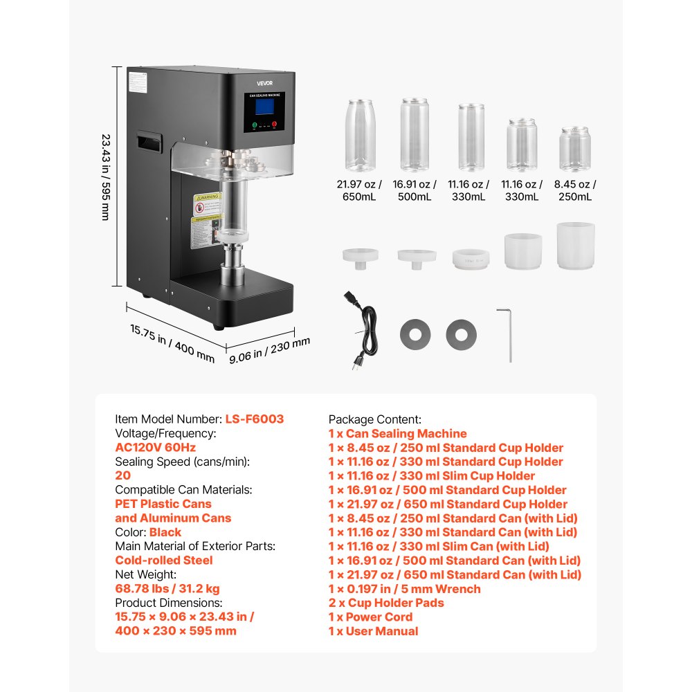VEVOR Can Sealer Machine, Automatic Commercial Soda Can Sealing Machine for 2.17 in (55 mm) Aluminum and Plastic Cans, Height Adjustable, Steel Housing Beverage Drink Seamer, for Coffee Shop, Black