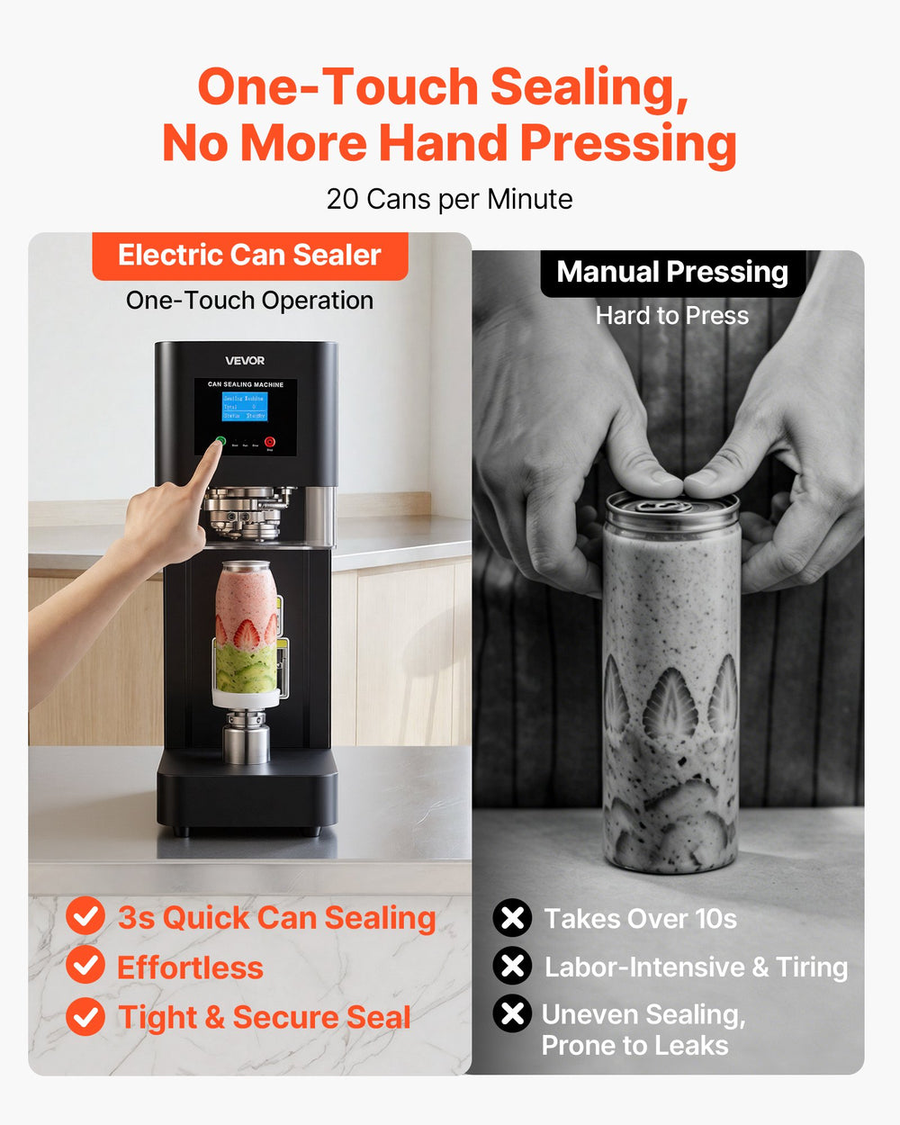 VEVOR Can Sealer Machine, Automatic Commercial Soda Can Sealing Machine for 2.17 in (55 mm) Aluminum and Plastic Cans, Height Adjustable, Steel Housing Beverage Drink Seamer, for Coffee Shop, Black